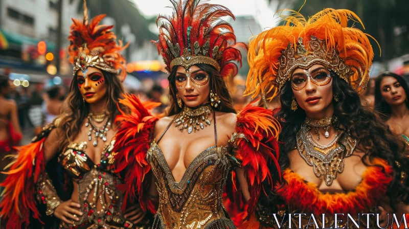 AI ART Captivating Photo of Three Women in Elaborate Feathered Headdresses and Costumes