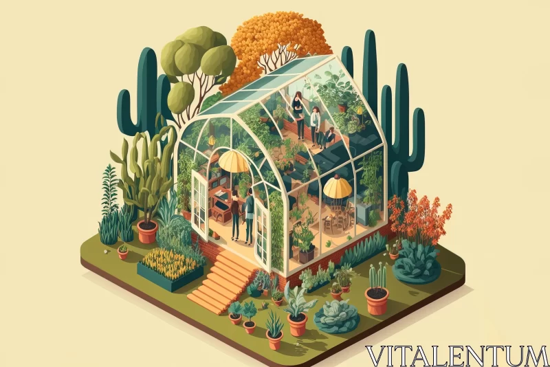 Detailed Botanical Illustration of a Greenhouse with Cactuses and Palms AI Image