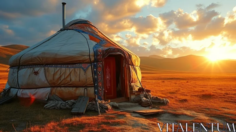Enchanting Traditional Mongolian Yurt in a Serene Steppe Landscape AI Image
