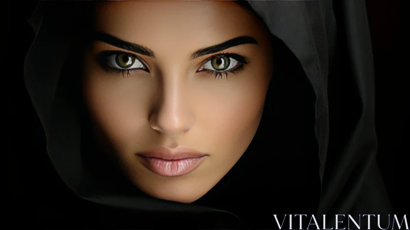 Intense Portrait of a Young Woman with Green Eyes in Black Hijab AI Image