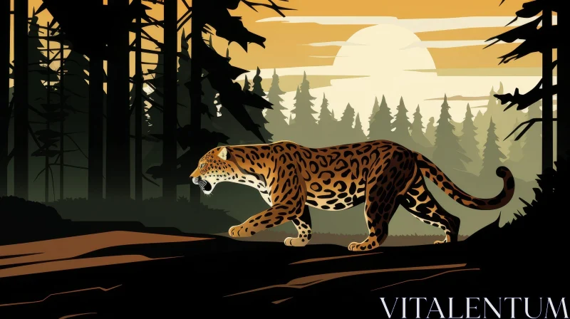 Jaguar Walking in Forest Illustration at Sunset AI Image