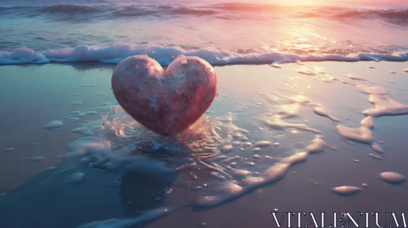 AI ART Romantic Sunset Over Ocean with Heart-shaped Rock