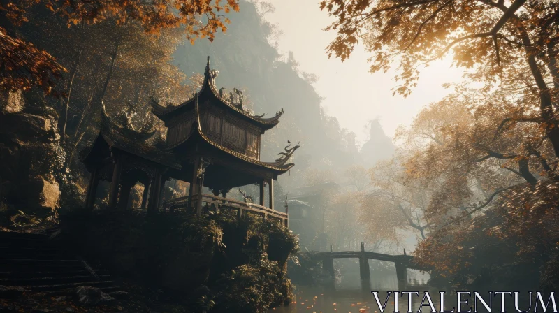 Serene Chinese-style Pavilion Landscape in a Forest AI Image