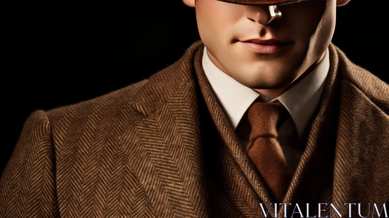Serious Man in Brown Tweed Suit and Hat AI Image