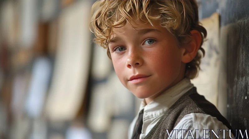 Serious Young Boy with Blond Curly Hair and Blue Eyes in Library AI Image