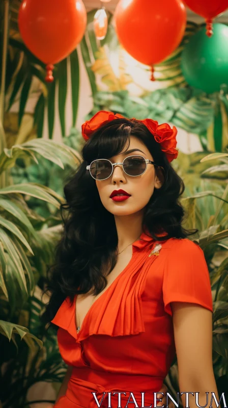 Stylish Woman Portrait in Red Dress and Sunglasses AI Image