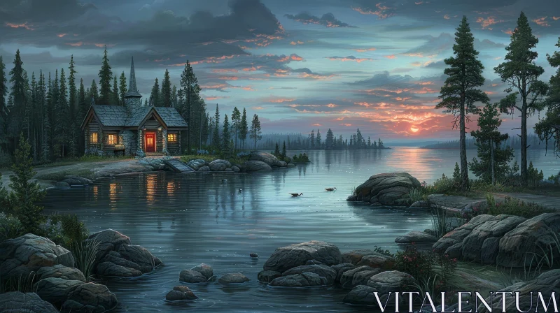 Tranquil Lake Sunset Painting AI Image