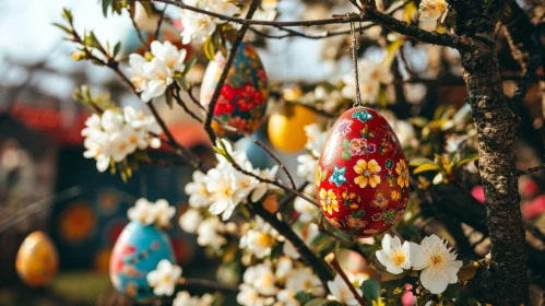 Tree Branch with White Blossoms and Colorful Easter Eggs