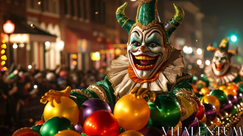 Vibrant Mardi Gras Clown Costume Celebration AI Image