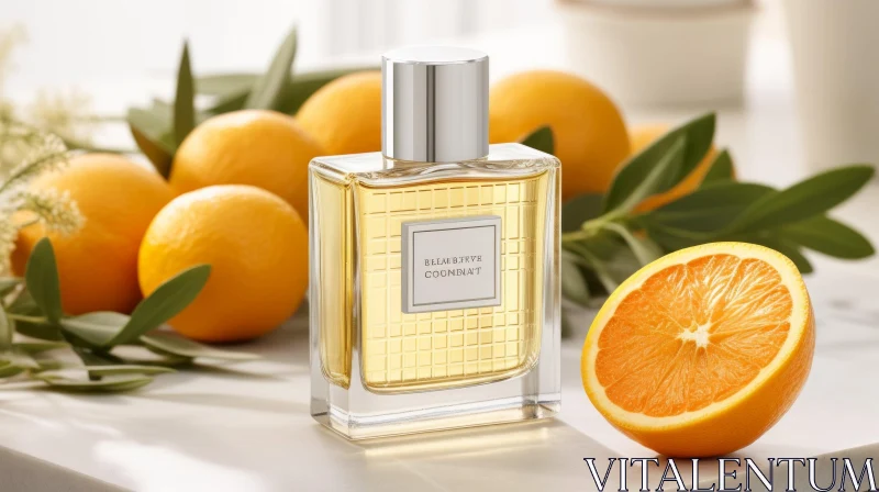 AI ART BELLE de VEYRAT Coconat Perfume Bottle on White Marble with Orange Slice