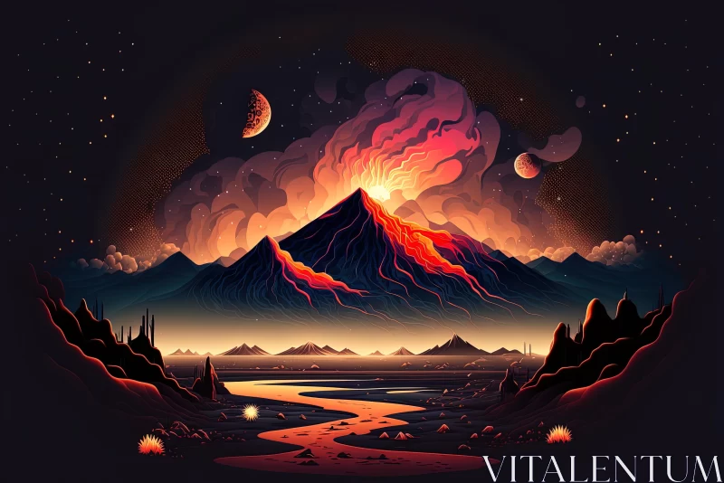 Captivating Illustration of Mountains, Lava, and Water | Mysterious Nocturnal Scene AI Image