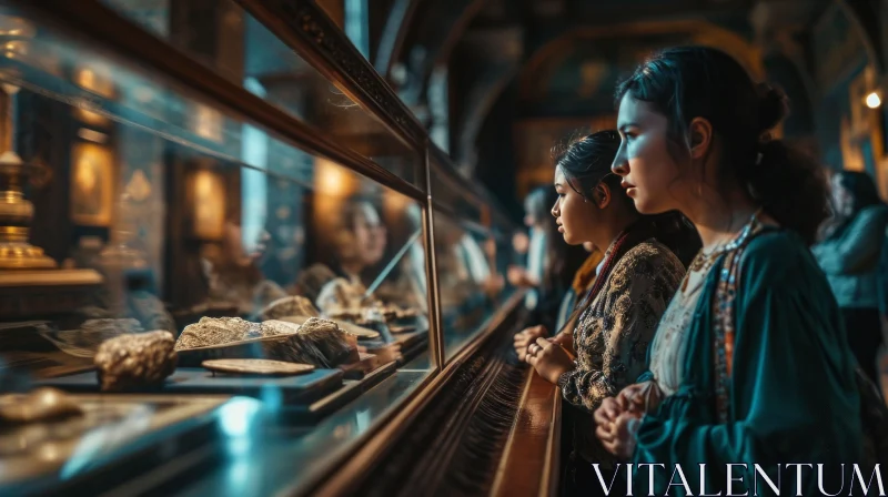 Captivating Museum Scene with Women and Ancient Artifacts AI Image