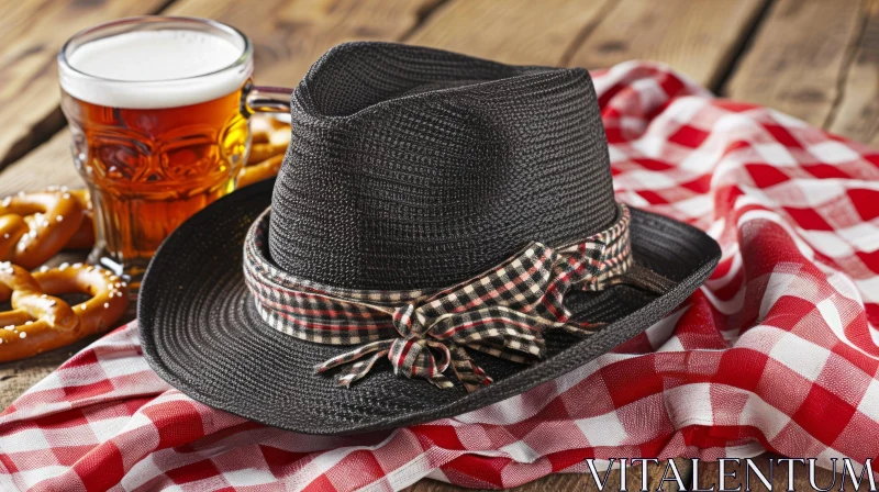 Charming Still Life: Black Straw Hat, Checkered Ribbon, and More AI Image