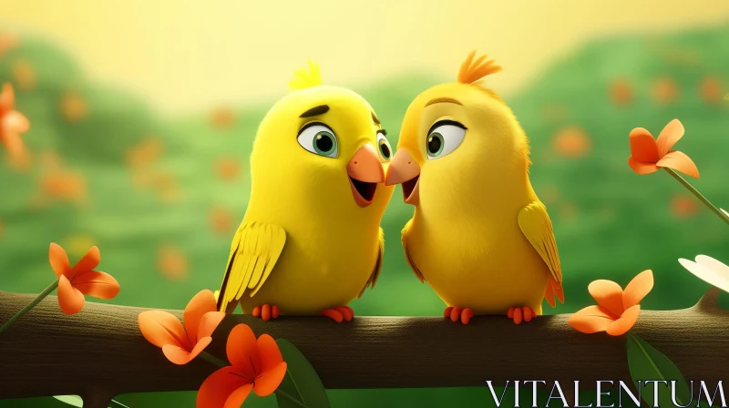 Cheerful Yellow Birds on Branch with Orange Flowers AI Image