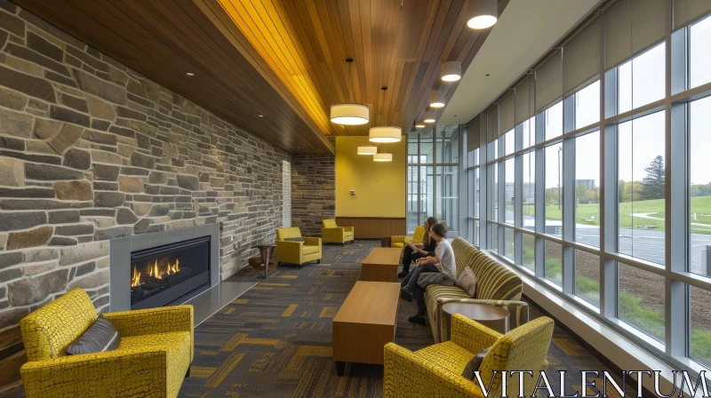 Cozy University Lounge with Fireplace and Comfortable Seating AI Image