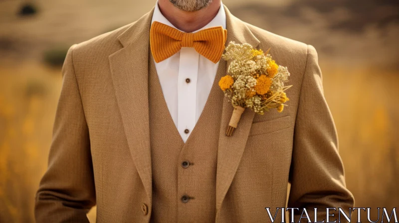 Elegant Man in Brown Suit and Yellow Bow Tie Standing in Wheat Field AI Image
