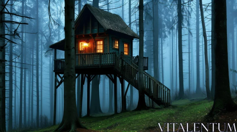 Enchanting Treehouse in a Mystical Forest AI Image