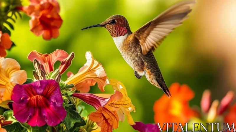Graceful Hummingbird in Flight Among Flowers AI Image