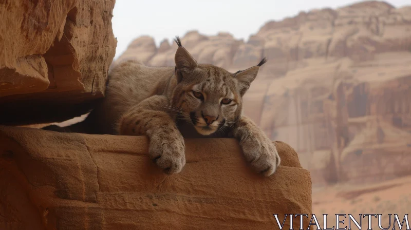 Majestic Lynx Resting on Rock in Desert Landscape AI Image