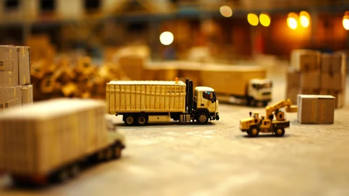 Nighttime Shipping Yard Diorama: Trucks, Forklifts, and Cargo