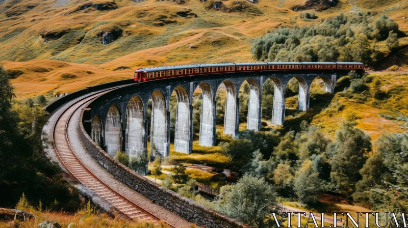 Red and Black Steam Train Crossing Stone Viaduct | Majestic Mountains and Trees AI Image