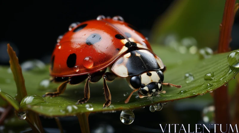 AI ART Red Ladybug on Wet Green Leaf