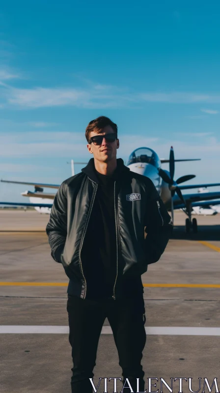 Stylish Man in Black Bomber Jacket by Private Jet AI Image