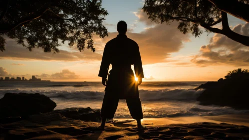 Sunset Silhouette on Beach - Tranquil Martial Arts Scene AI Image