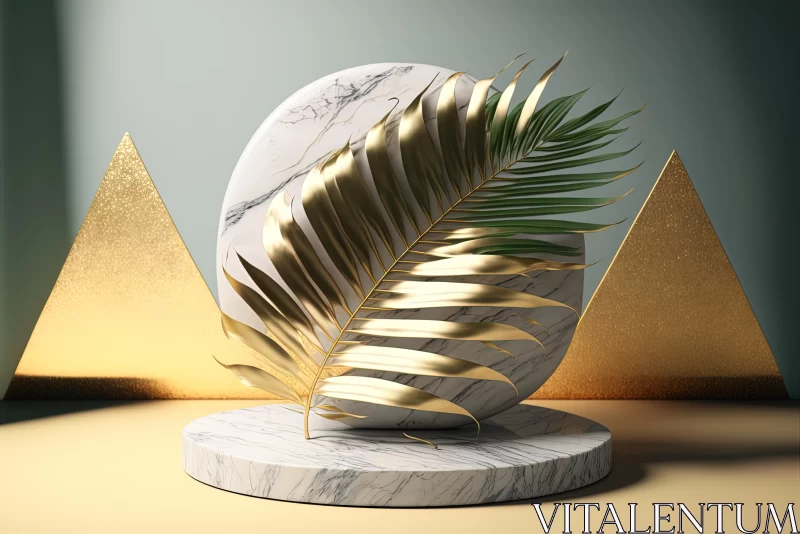Surreal Gold Palm Leaf on Marble Pedestal - Abstract Geometric Composition AI Image