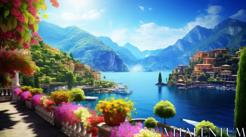 Tranquil Townscape by the Lake Surrounded by Mountains AI Image