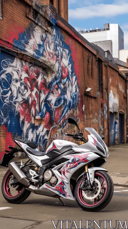 White Motorcycle Parked Next to Colorful Graffiti Wall - Urban Art AI Image