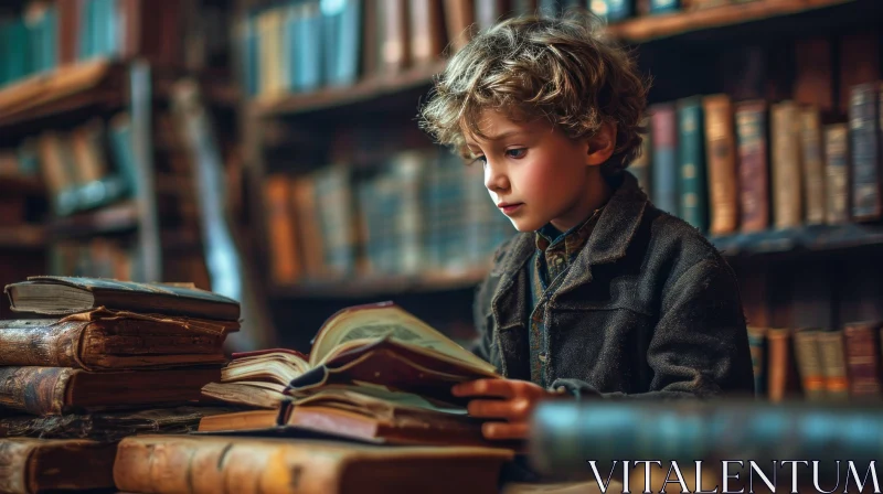 Young Boy Reading a Book in a Cozy Library AI Image
