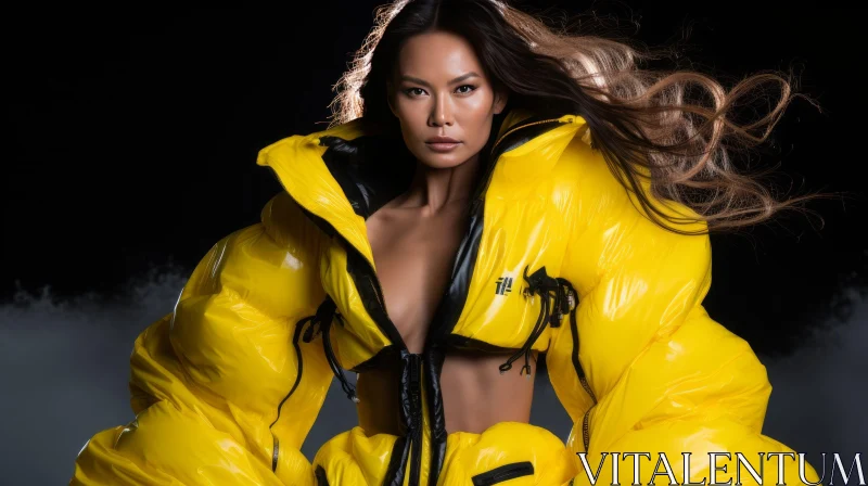 Asian Woman in Yellow Puffer Jacket - Stylish Portrait AI Image