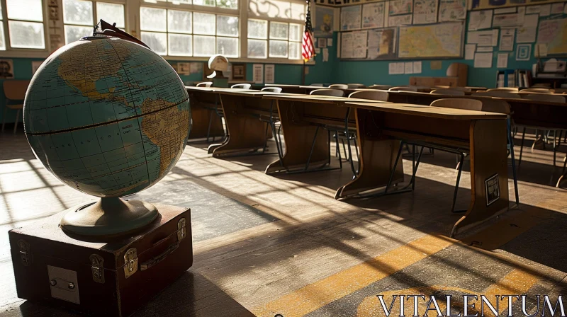 Captivating Classroom: Sunlit Wooden Desks and Chalkboard AI Image