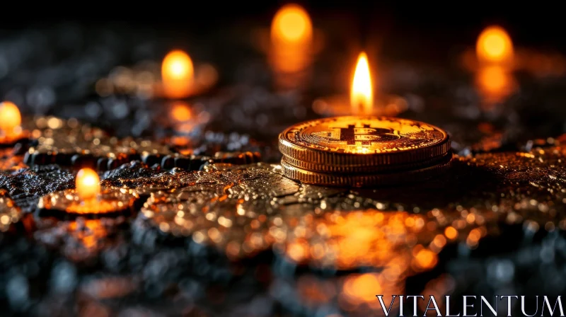 Gold Bitcoin Coin with Burning Candle Flame - Crypto/Money Art AI Image