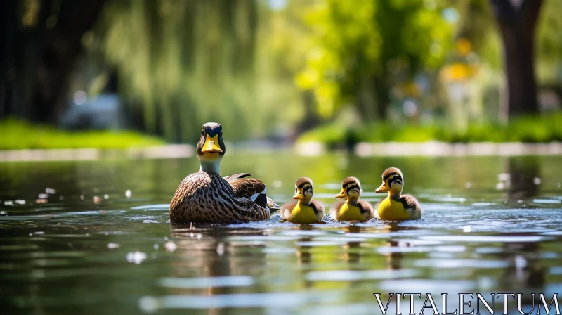 Mother Duck and Ducklings Swimming in Pond AI Image