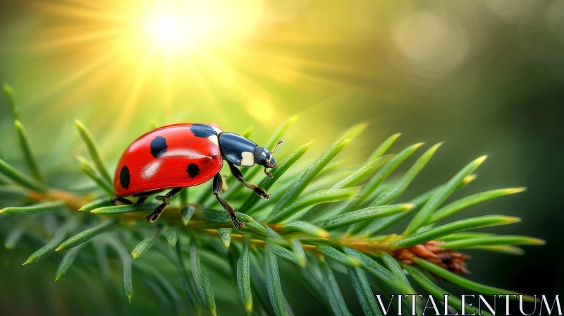 AI ART Red Ladybug on Green Spruce Branch in Sunlight