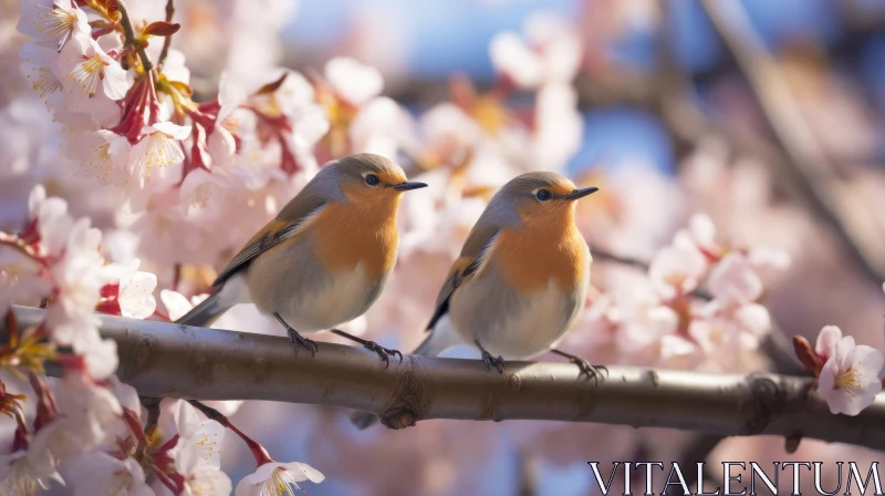 Robins on Cherry Blossom Branch: Serene Nature Scene AI Image