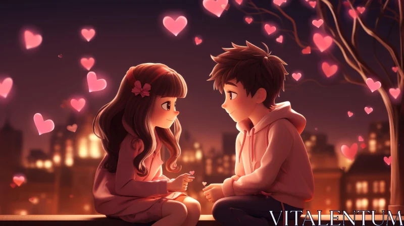 Romantic Cartoon Drawing of Boy and Girl in Cityscape AI Image