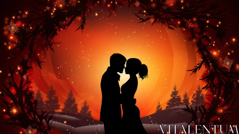 AI ART Romantic Winter Scene with Kissing Couple in Forest