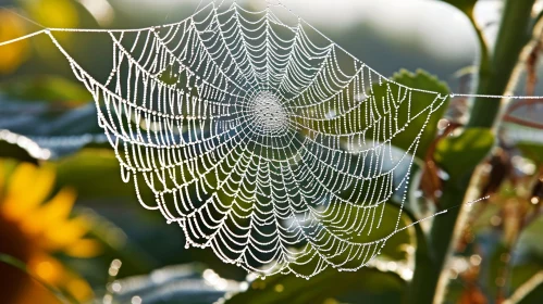 Symmetrical Spider Web with Morning Dew in Sunlight