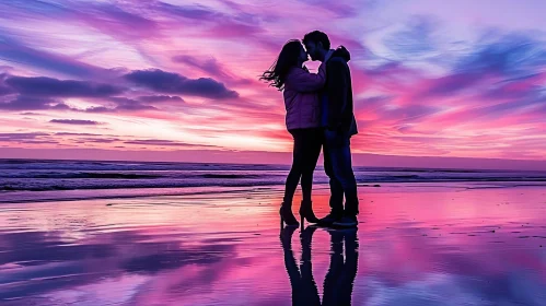 Tranquil Sunset Over Ocean with Embracing Couple