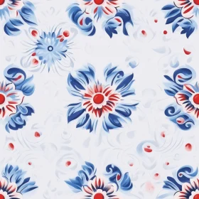 White Floral Pattern with Blue and Red Flowers