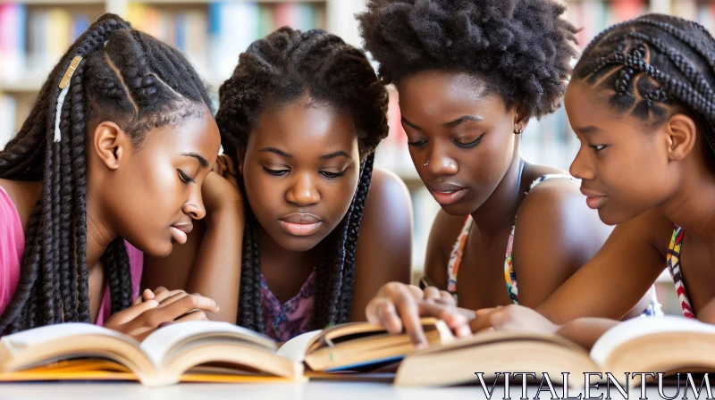 Young African American Women Reading in Library AI Image