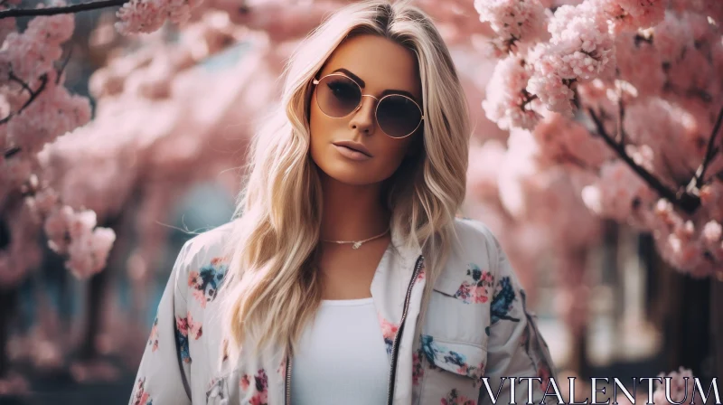 Young Woman in Park with Floral Jacket AI Image