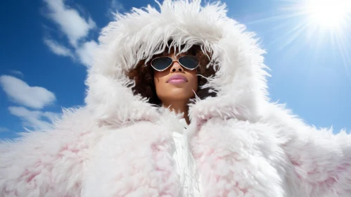 Young Woman in White Fur Coat and Sunglasses under Blue Sky