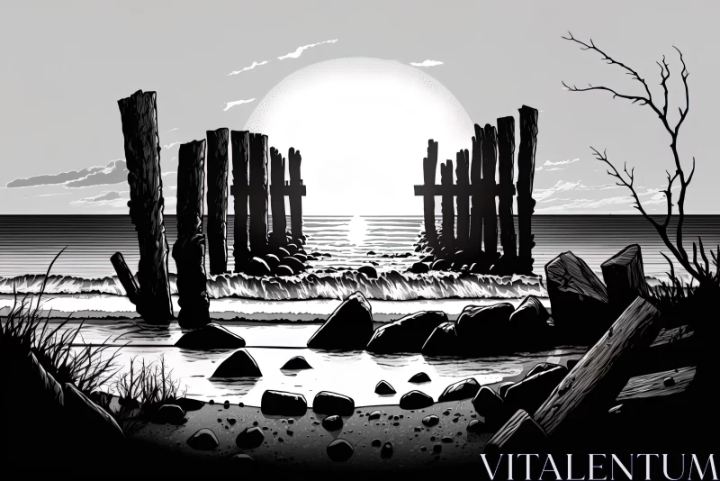 Black and White Illustration of an Old Wooden Bridge | Post-Apocalyptic Moonlit Seascape AI Image