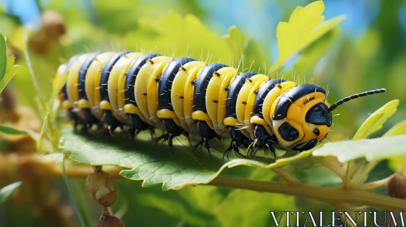 AI ART Black and Yellow Caterpillar on Green Leaf - Nature Image