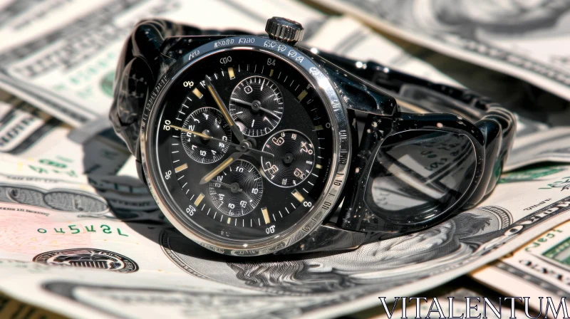 Black Wristwatch on Money: A Captivating Close-Up AI Image