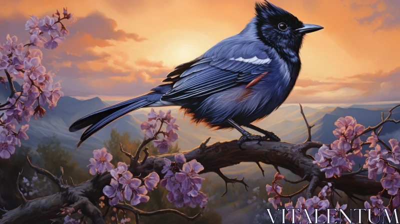 Blue Bird on Flowering Tree Branch Painting AI Image